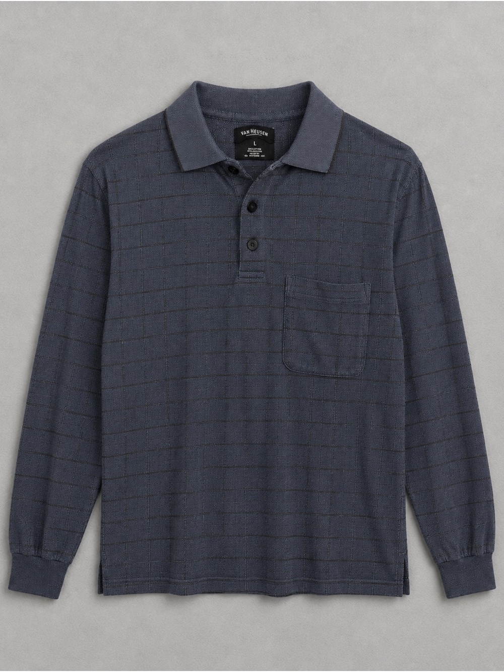 Van Heusen Gray Grid Long Sleeve Polo Shirt Mens Large